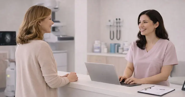 Women connecting with clinic staff at Genesis for appointment assistance and breast screening queries