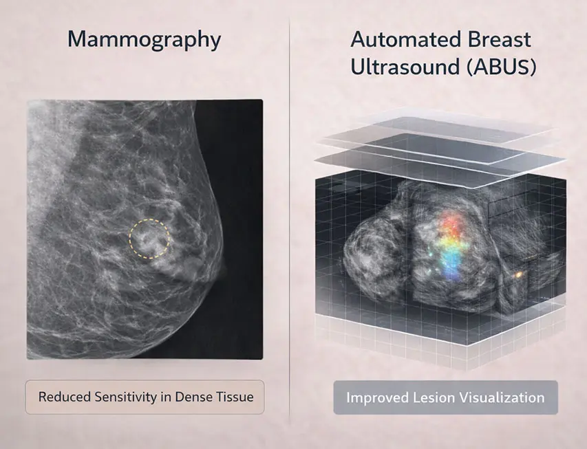 Comparison of mammogram and ABUS scan images illustrating differences in advanced breast imaging