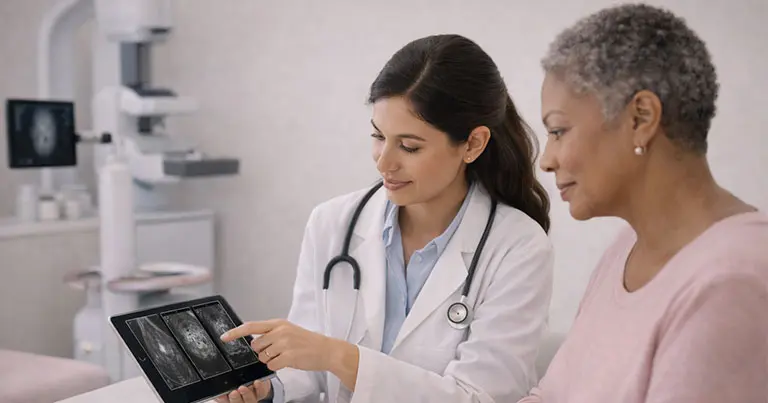 Radiologist explaining ultrasound results on a tablet at Genesis Tampa, highlighting the benefits of supplemental breast imaging