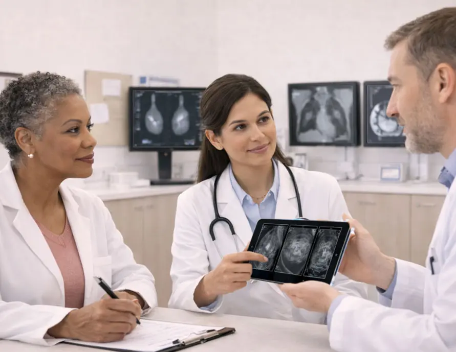 Radiology professionals reviewing automated breast ultrasound (ABUS) referrals and imaging interpretation for accurate diagnosis