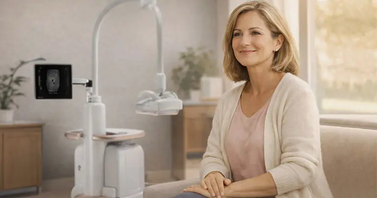 Woman seated near ABUS equipment at Genesis Tampa clinic highlighting the ease of early breast screening appointment booking