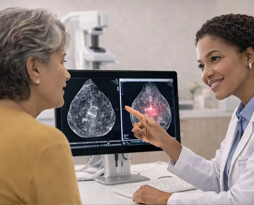Radiologist discussing breast screening results with a patient at Genesis to support clear understanding and confident health choices