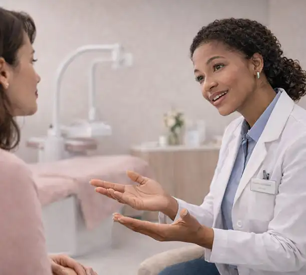 Healthcare professional discussing breast screening options with a woman considering advanced imaging at Genesis