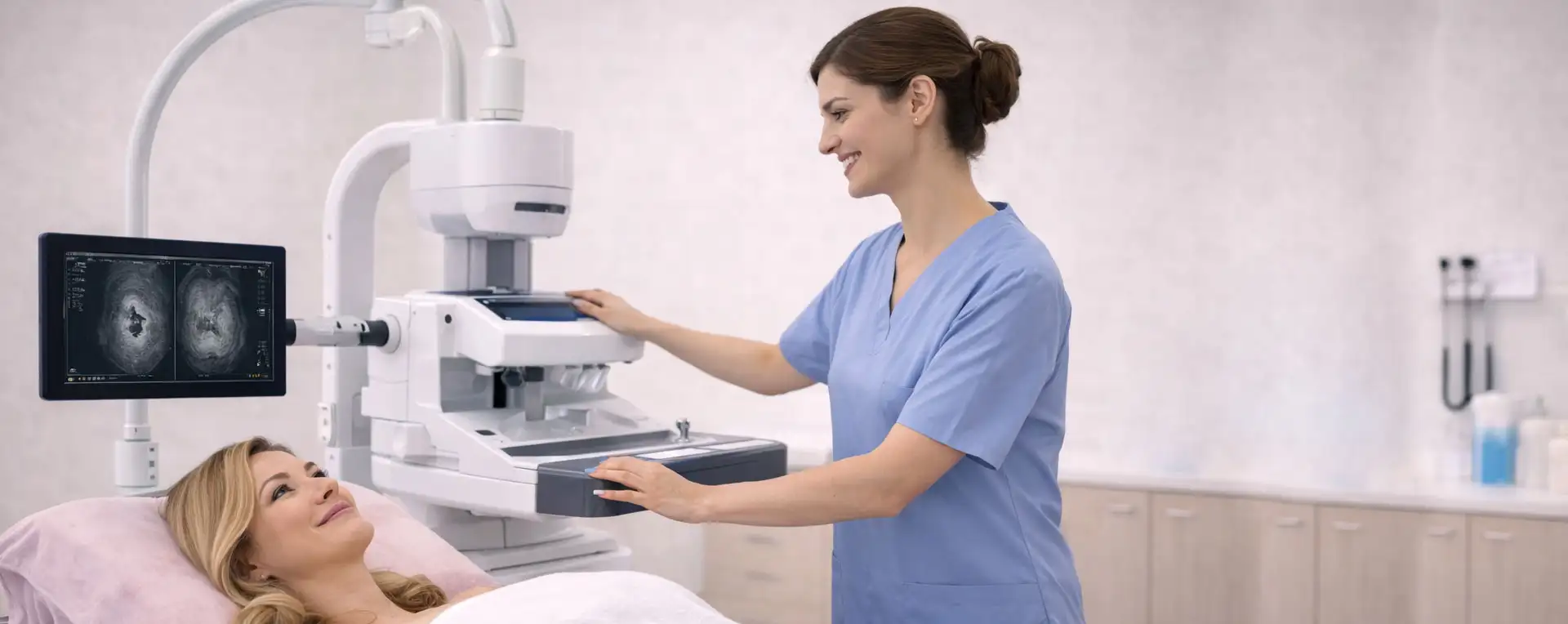 Ultrasound screening conducted by a radiologist with a relaxed patient in a supportive environment at Genesis Tampa clinic