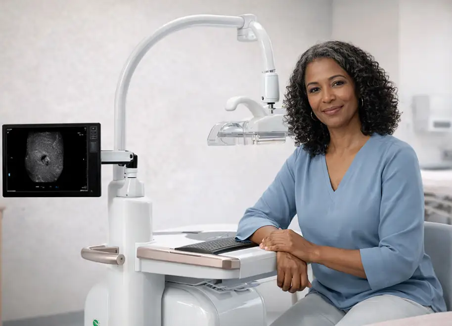 Patient seated in ABUS screening room with ultrasound imaging system at Genesis Tampa for breast health evaluation